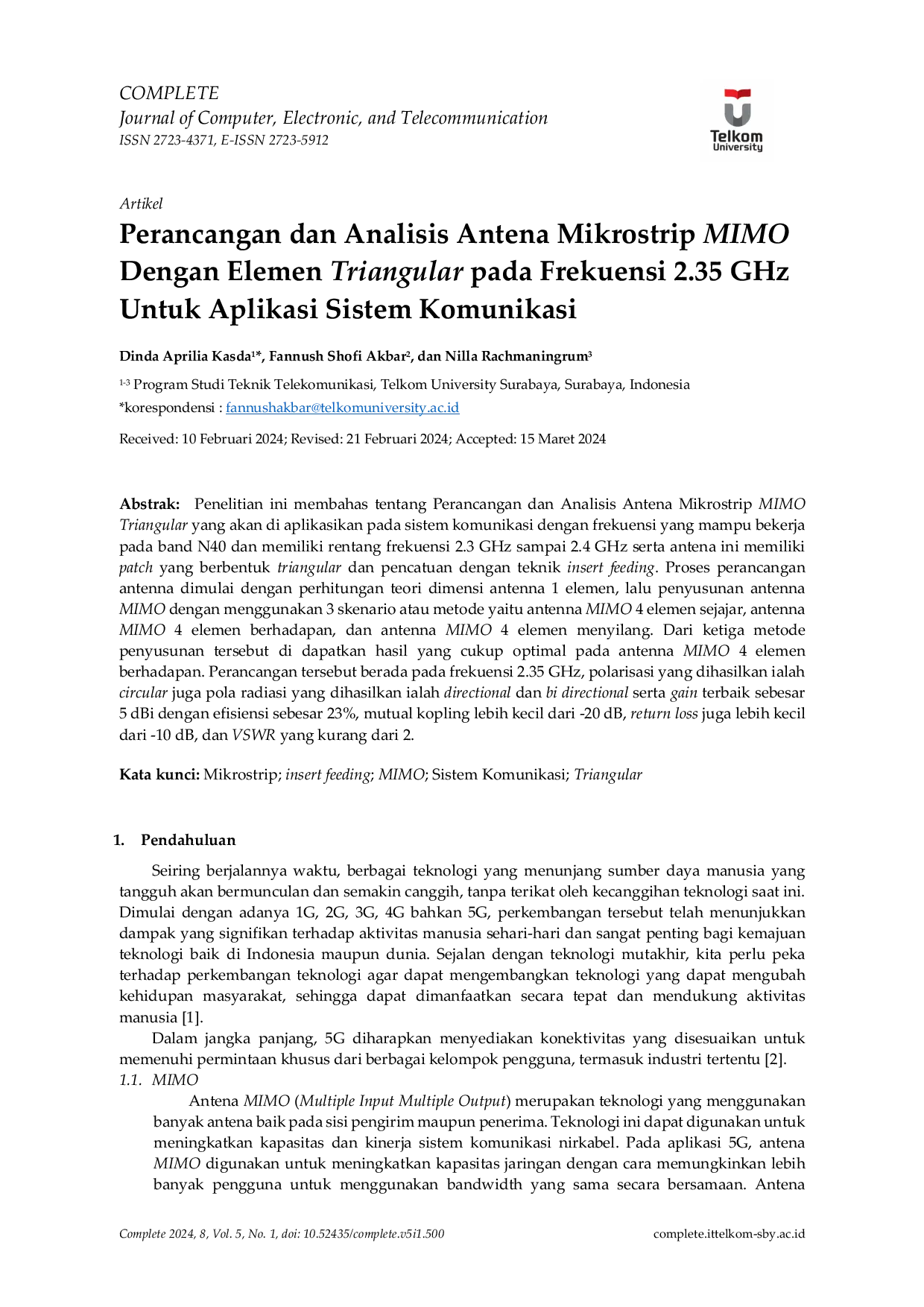 JURIS Perancangan dan Analisis Antena Mikrostrip MIMO Dengan Elemen Triangular pada Frekuensi 2 35 GHz Untuk Aplikasi Sistem Komunikasi