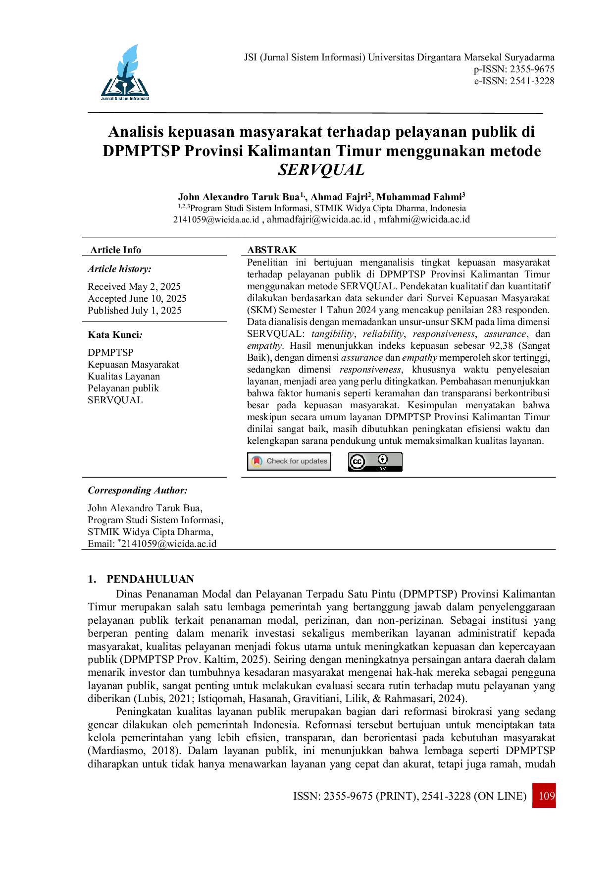 JURIS Analisis kepuasan masyarakat terhadap pelayanan publik di DPMPTSP Provinsi Kalimantan Timur menggunakan metode SERVQUAL