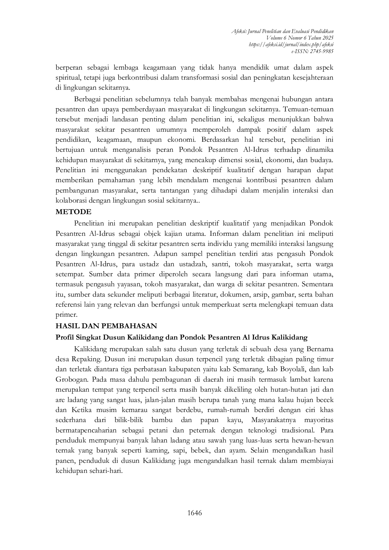 JURIS Peran Pondok Pesantren Al Idrus Dalam Pendidikan dan Transformasi Kehidupan Masyarakat Sekitar