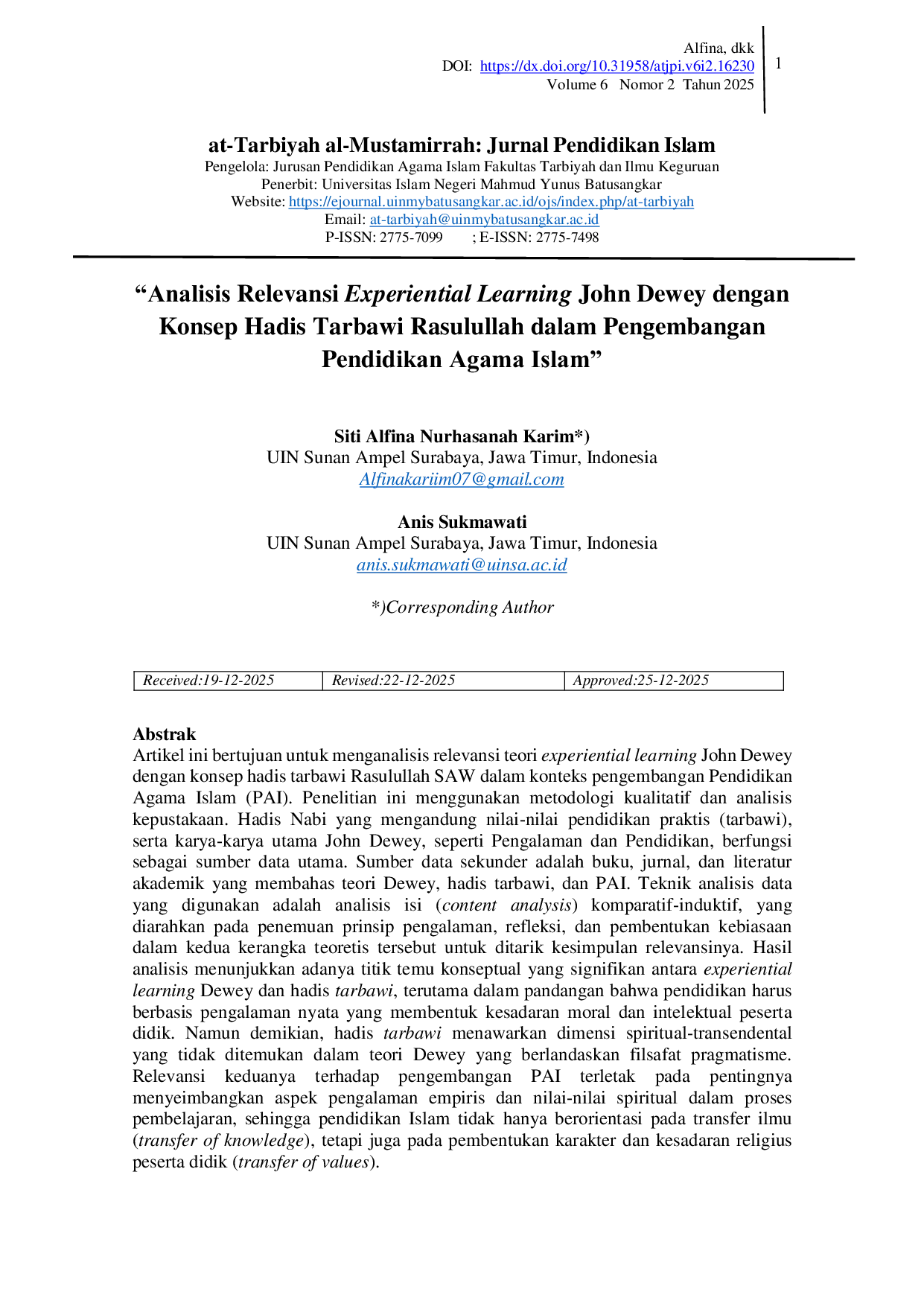 JURIS Analisis Relevansi Experiential Learning John Dewey dengan Konsep Hadis Tarbawi Rasulullah dalam Pengembangan Pendidikan Agama Islam