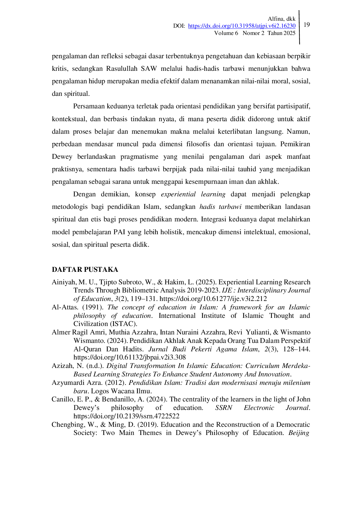 JURIS Analisis Relevansi Experiential Learning John Dewey dengan Konsep Hadis Tarbawi Rasulullah dalam Pengembangan Pendidikan Agama Islam