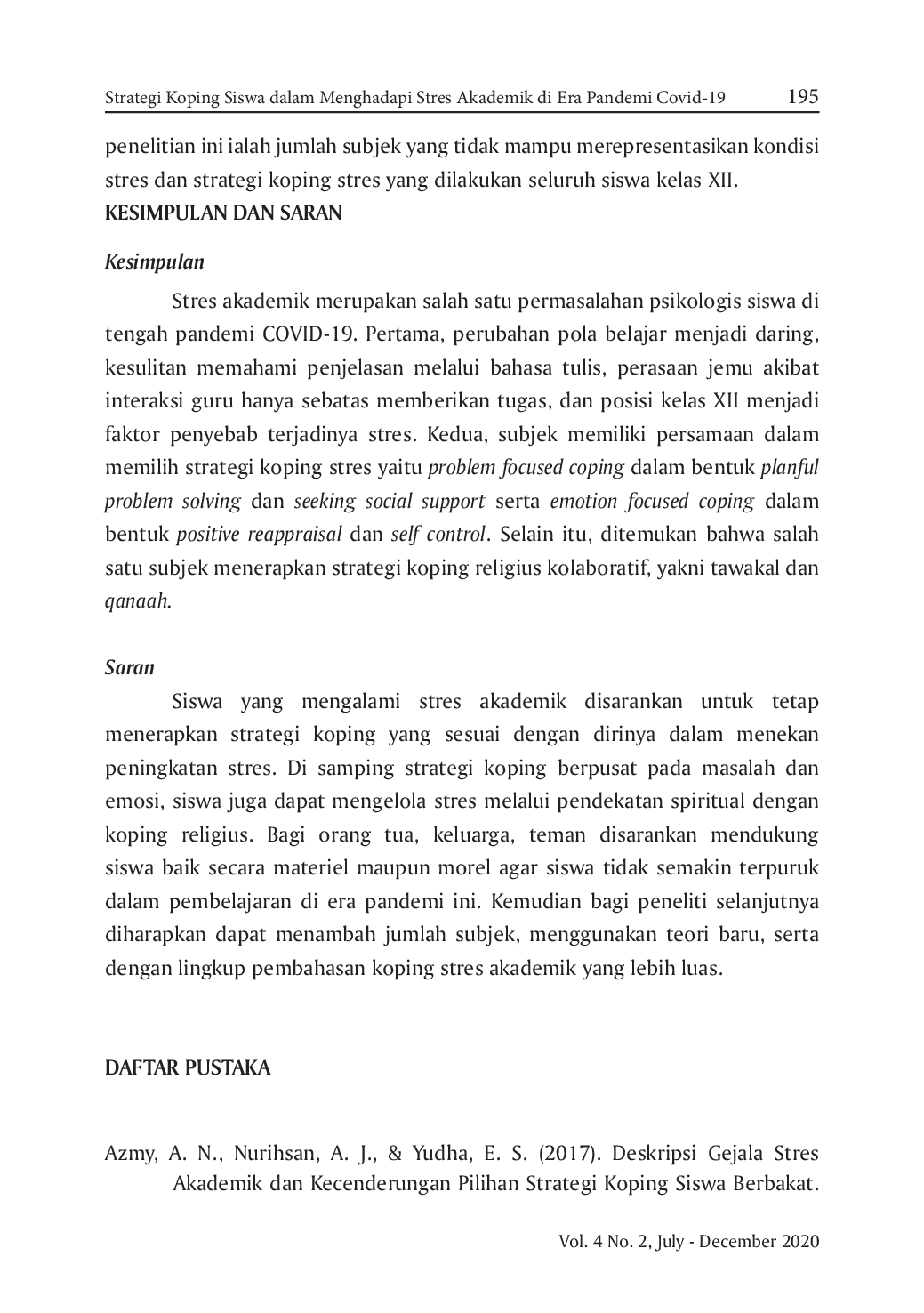 JURIS Strategi Koping Siswa dalam Menghadapi Stres Akademik di Era Pandemi Covid 19