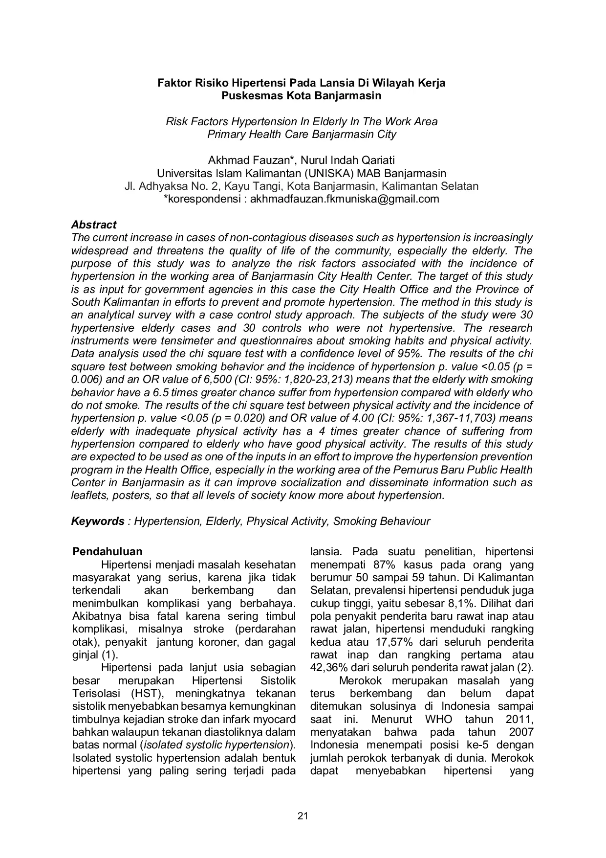 JURIS Faktor Risiko Hipertensi Pada Lansia Di Wilayah Kerja Puskesmas Kota Banjarmasin