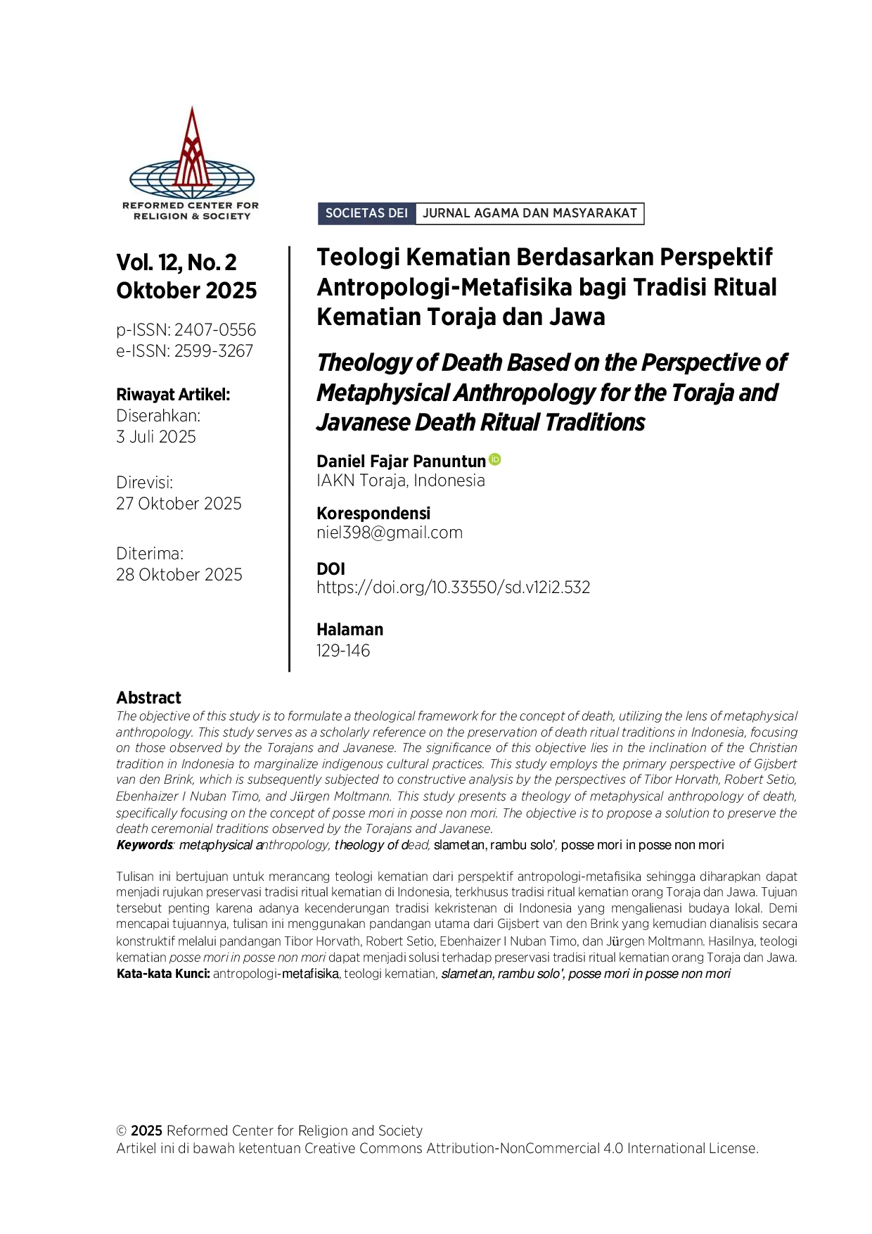 JURIS Teologi Kematian Berdasarkan Perspektif Antropologi Metafisika bagi Tradisi Ritual Kematian Toraja dan Jawa
