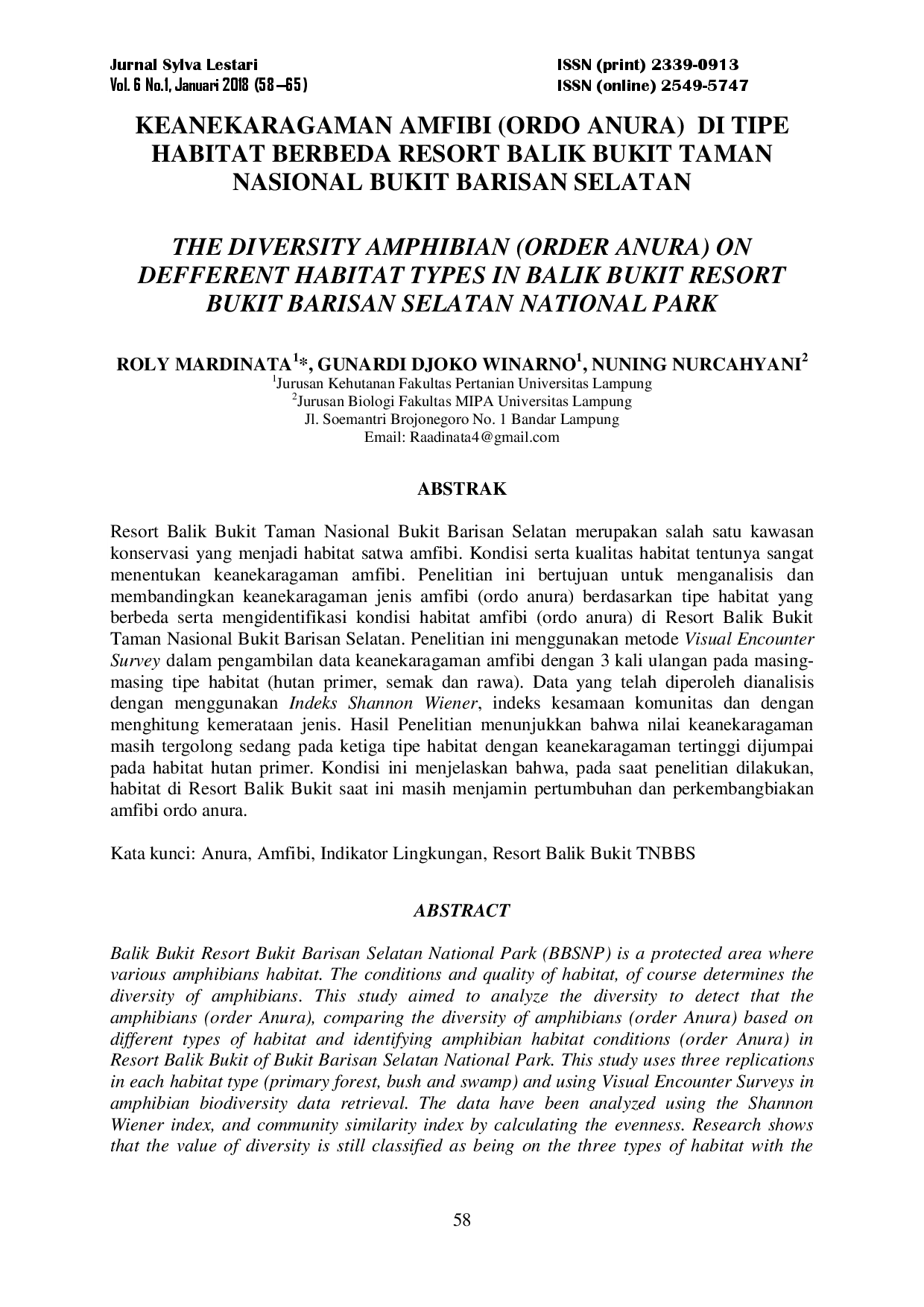 juris Keanekaragaman Amfibi Ordo Anura di Tipe Habitat Berbeda Resort Balik Bukit Taman Nasional Bukit Barisan Selatan The Diversity Amphibian Order Anura on Different Habitat Types in Balik Bukit Reso