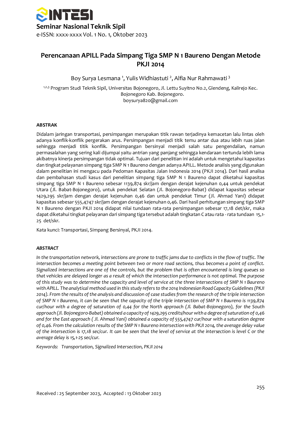 JURIS Perencanaan APILL Pada Simpang Tiga SMP N 1 Baureno Dengan Metode PKJI 2014