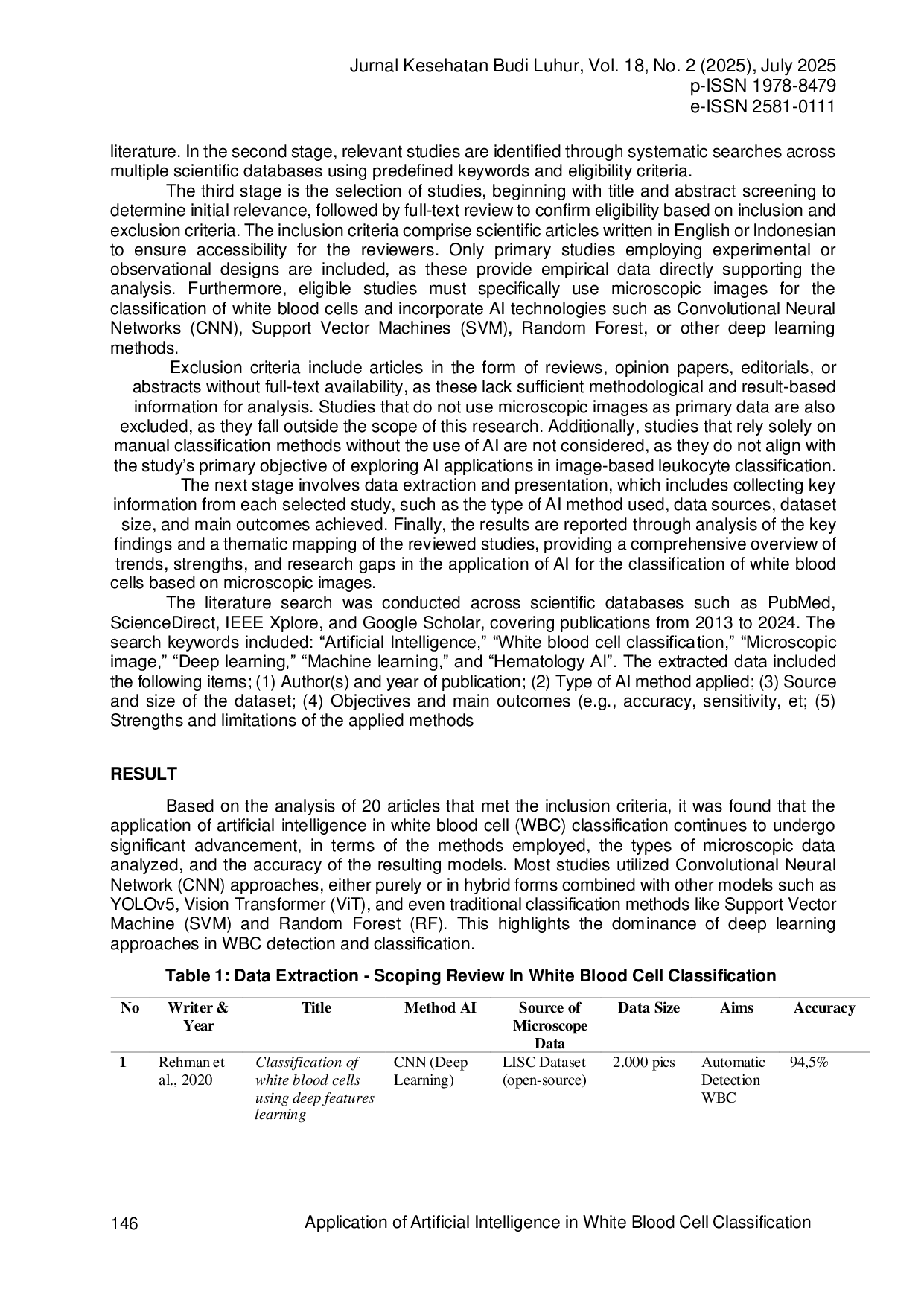 JURIS Application of Artificial Intelligence in White Blood Cell Classification Based on Microscopic Images A Scoping Review