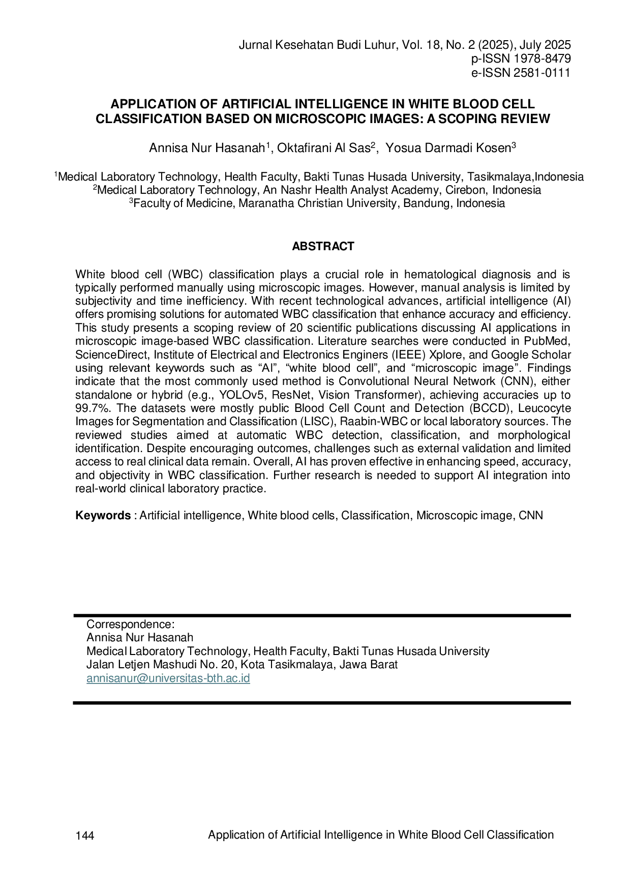 JURIS Application of Artificial Intelligence in White Blood Cell Classification Based on Microscopic Images A Scoping Review