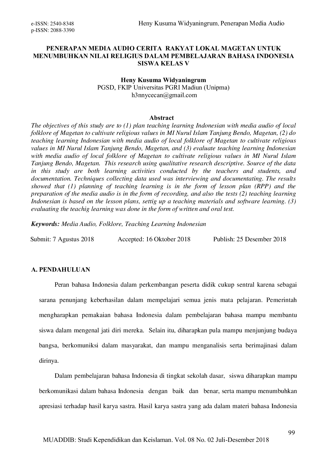 JURIS Penerapan Media Audio Cerita Rakyat Lokal Magetan untuk Menumbuhkan Nilai Religius dalam Pembelajaran Bahasa Indonesia Siswa Kelas V