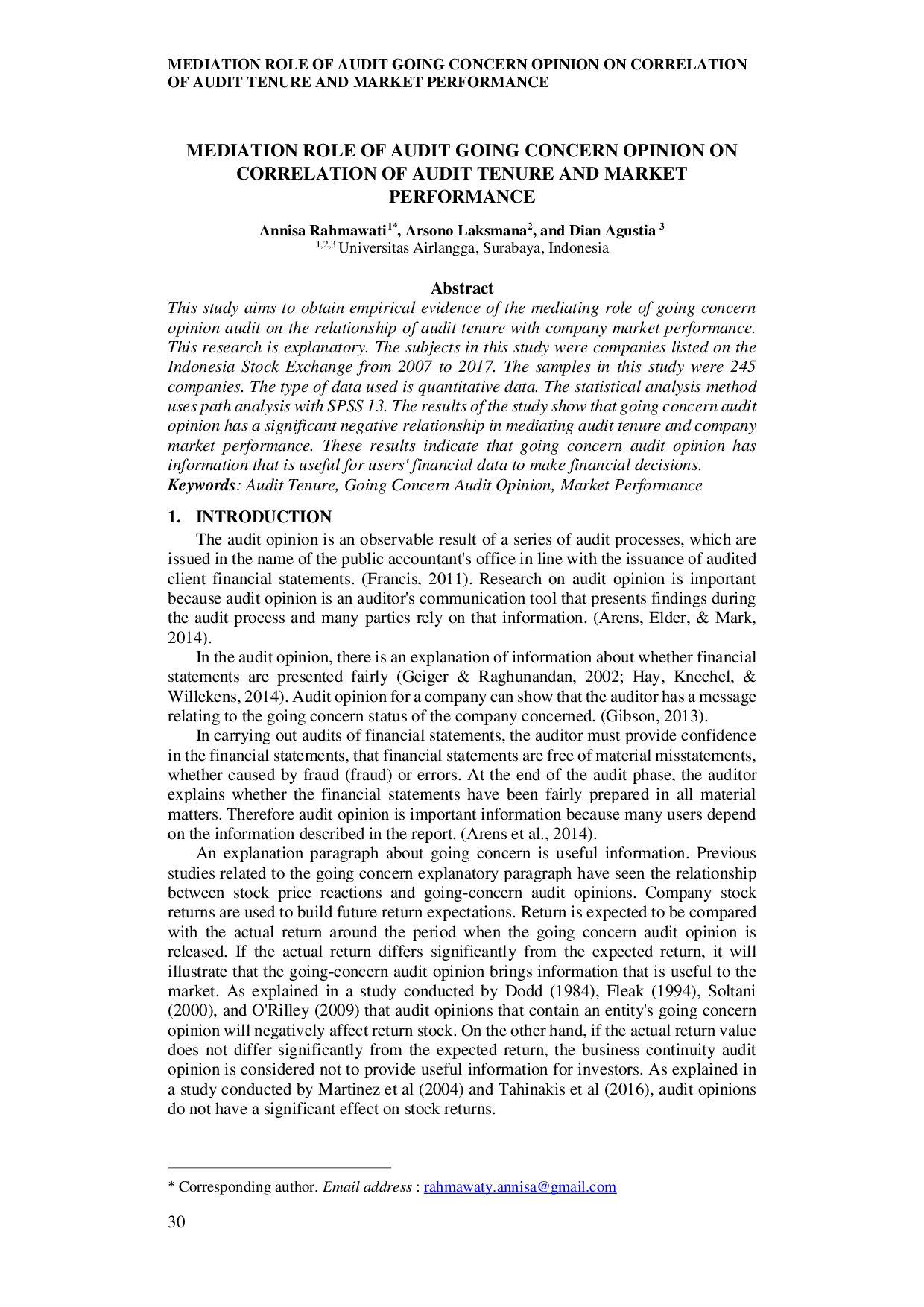 JURIS Mediation Role Of Audit Going Concern Opinion On Correlation Of Audit Tenure And Market Performance