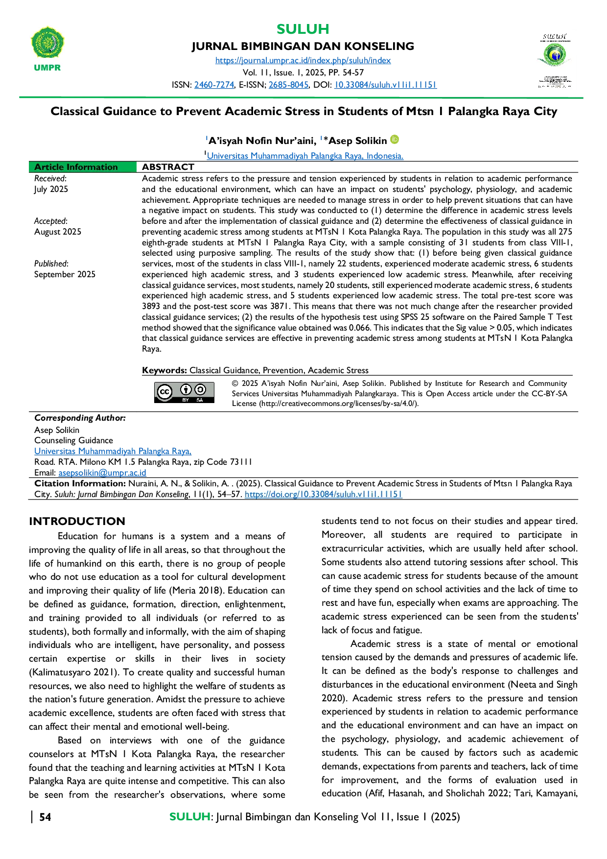 JURIS Classical Guidance to Prevent Academic Stress in Students of Mtsn 1 Palangka Raya City