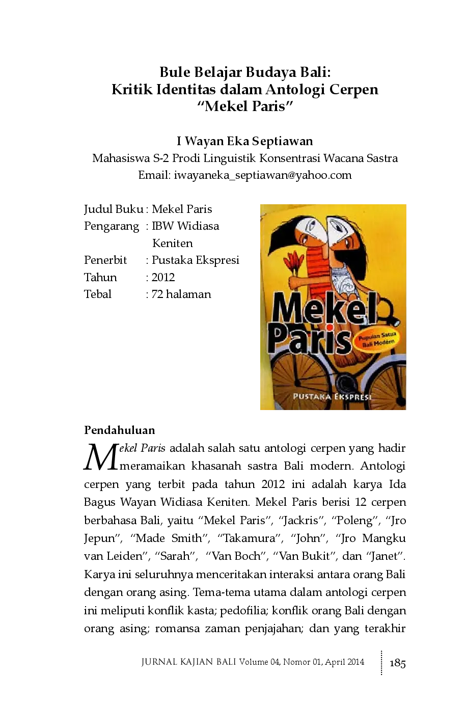 juris Bule Belajar Budaya Bali Kritik Identitas dalam Antologi Cerpen Mekel Paris