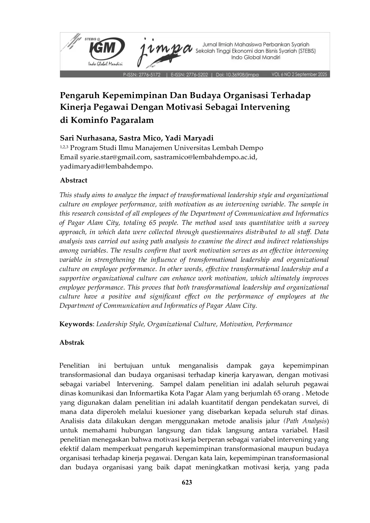 JURIS Pengaruh Kepemimpinan Dan Budaya Organisasi Terhadap Kinerja Pegawai Dengan Motivasi Sebagai Intervening di Kominfo Pagaralam