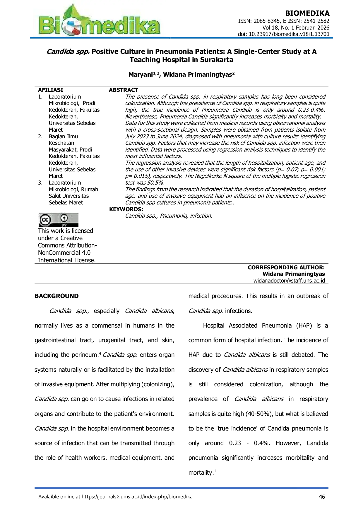 JURIS Candida spp Positive Culture in Pneumonia Patients A Single Center Study at A Teaching Hospital in Surakarta