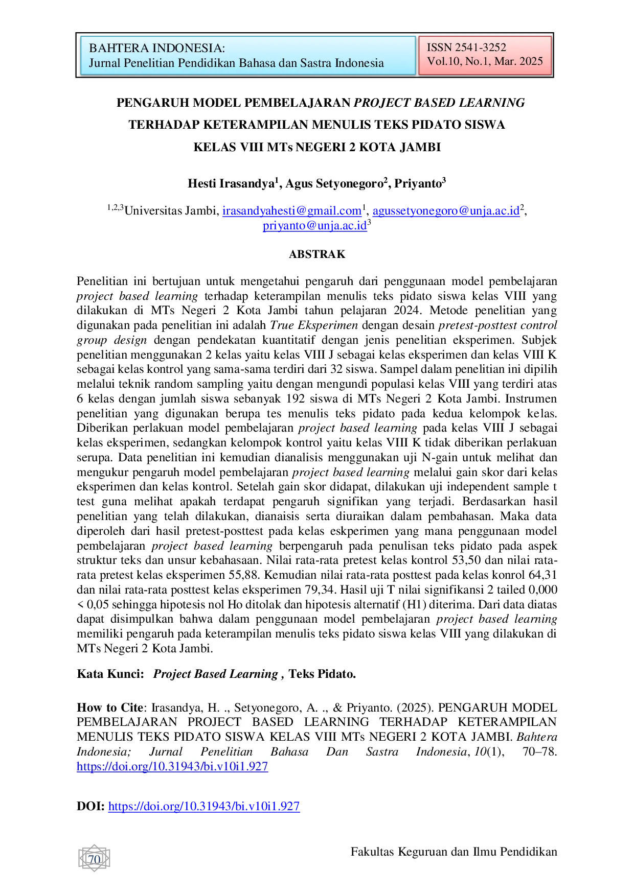 JURIS PENGARUH MODEL PEMBELAJARAN PROJECT BASED LEARNING TERHADAP KETERAMPILAN MENULIS TEKS PIDATO SISWA KELAS VIII MTs NEGERI 2 KOTA JAMBI