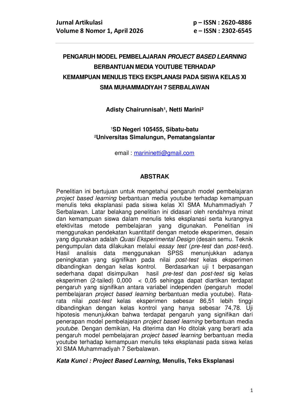 JURIS Pengaruh Model Pembelajaran Project Based Learning Berbantuan Media Youtube Terhadap Kemampuan Menulis Teks Eksplanasi Pada Siswa Kelas XI SMA Muhammadiyah 7 Serbalawan