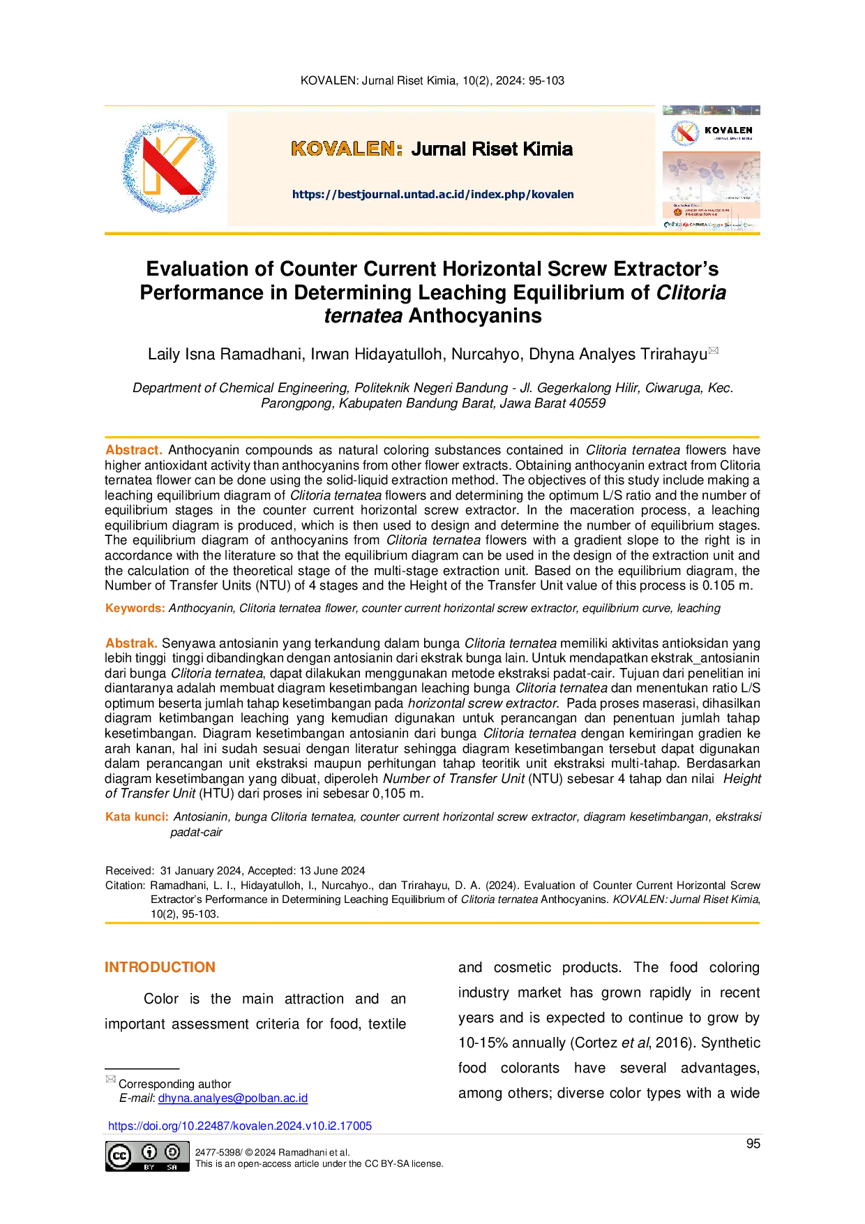 JURIS Evaluation of Counter Current Horizontal Screw Extractor s Performance in Determining Leaching Equilibrium of Clitoria ternatea Anthocyanins