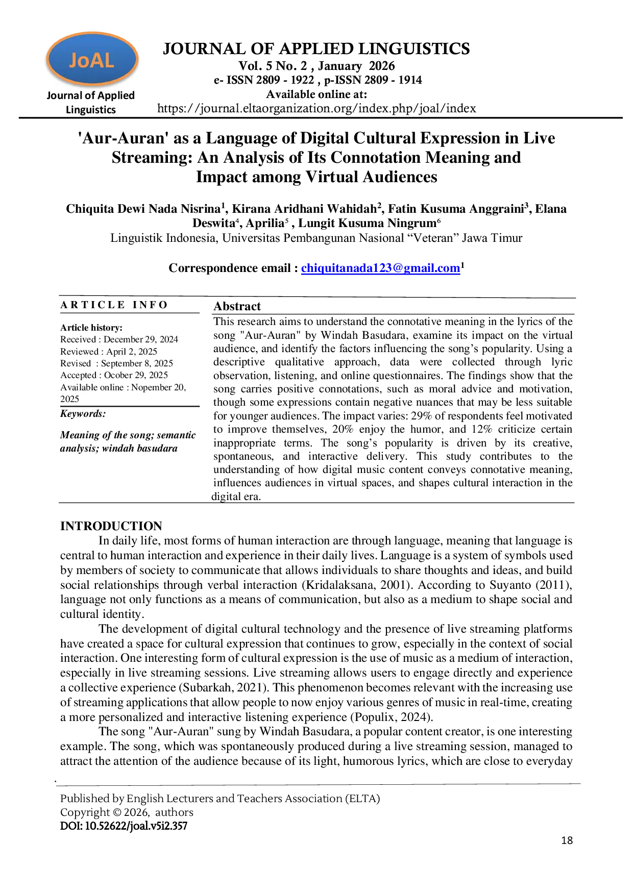 JURIS Aur Auran as a Language of Digital Cultural Expression in Live Streaming An Analysis of Its Connotation Meaning and Impact among Virtual Audiences