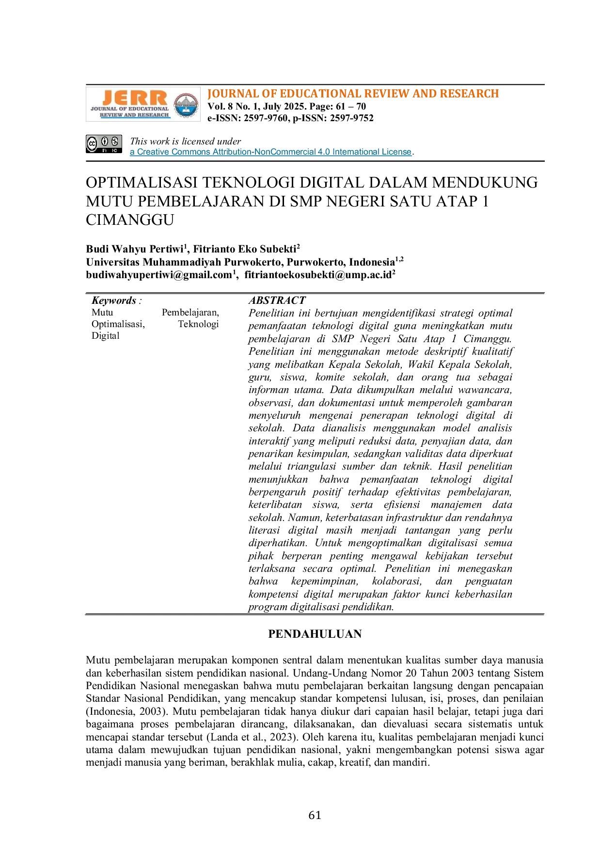 JURIS Optimalisasi Teknologi Digital Dalam Mendukung Mutu Pembelajaran Di Smp Negeri Satu Atap 1 Cimangu