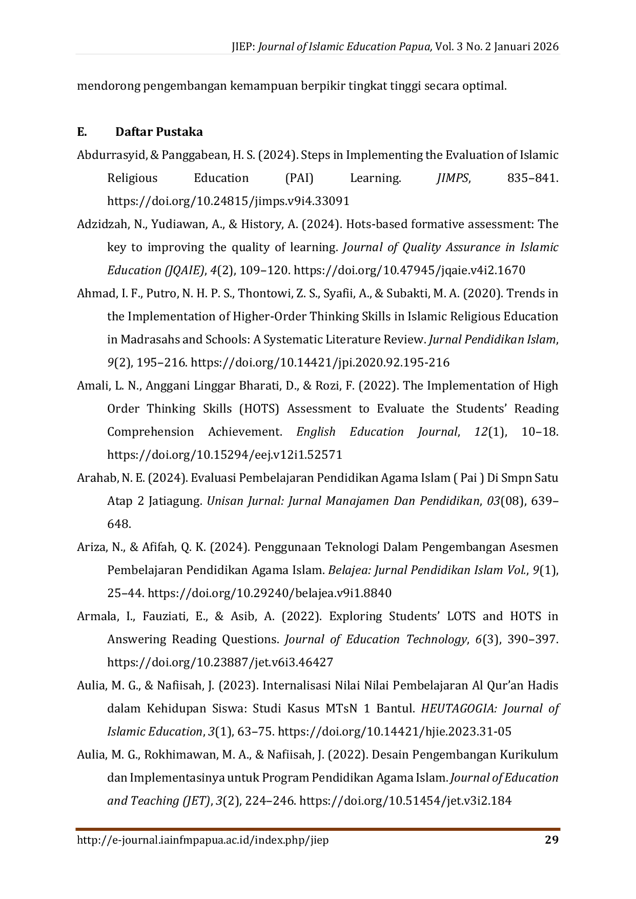 JURIS Ketidaksiapan Pelaksanaan Asesmen HOTS pada Pembelajaran PAI di Sekolah