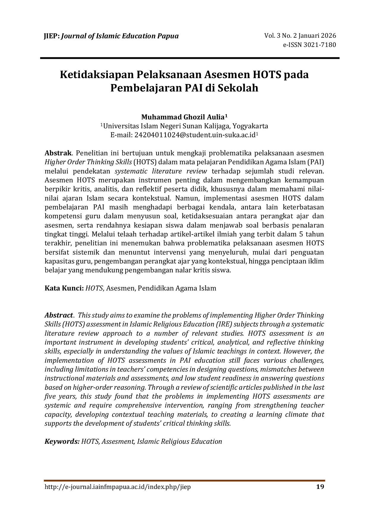 JURIS Ketidaksiapan Pelaksanaan Asesmen HOTS pada Pembelajaran PAI di Sekolah