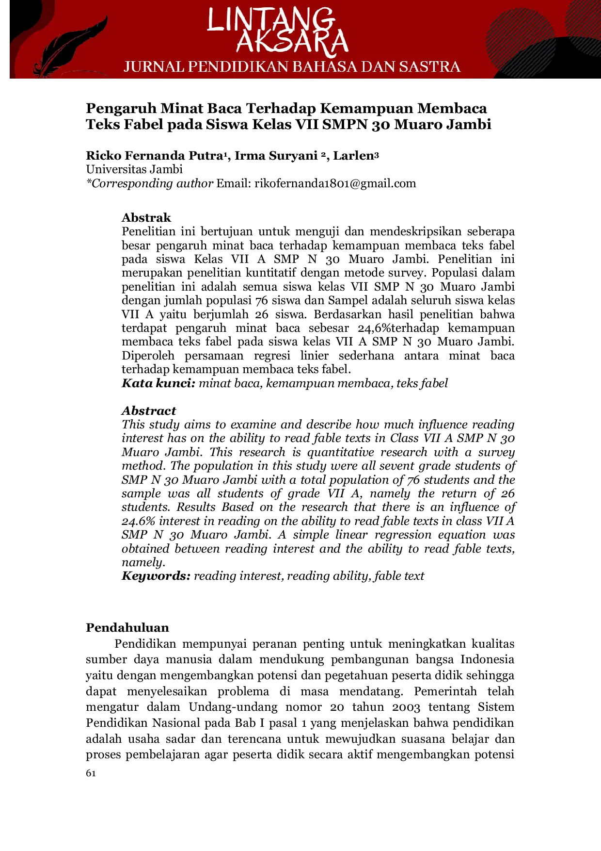 JURIS Pengaruh Minat Baca Terhadap Kemampuan Membaca Teks Fabel Pada Siswa Kelas VII SMPN 30 Muaro Jambi