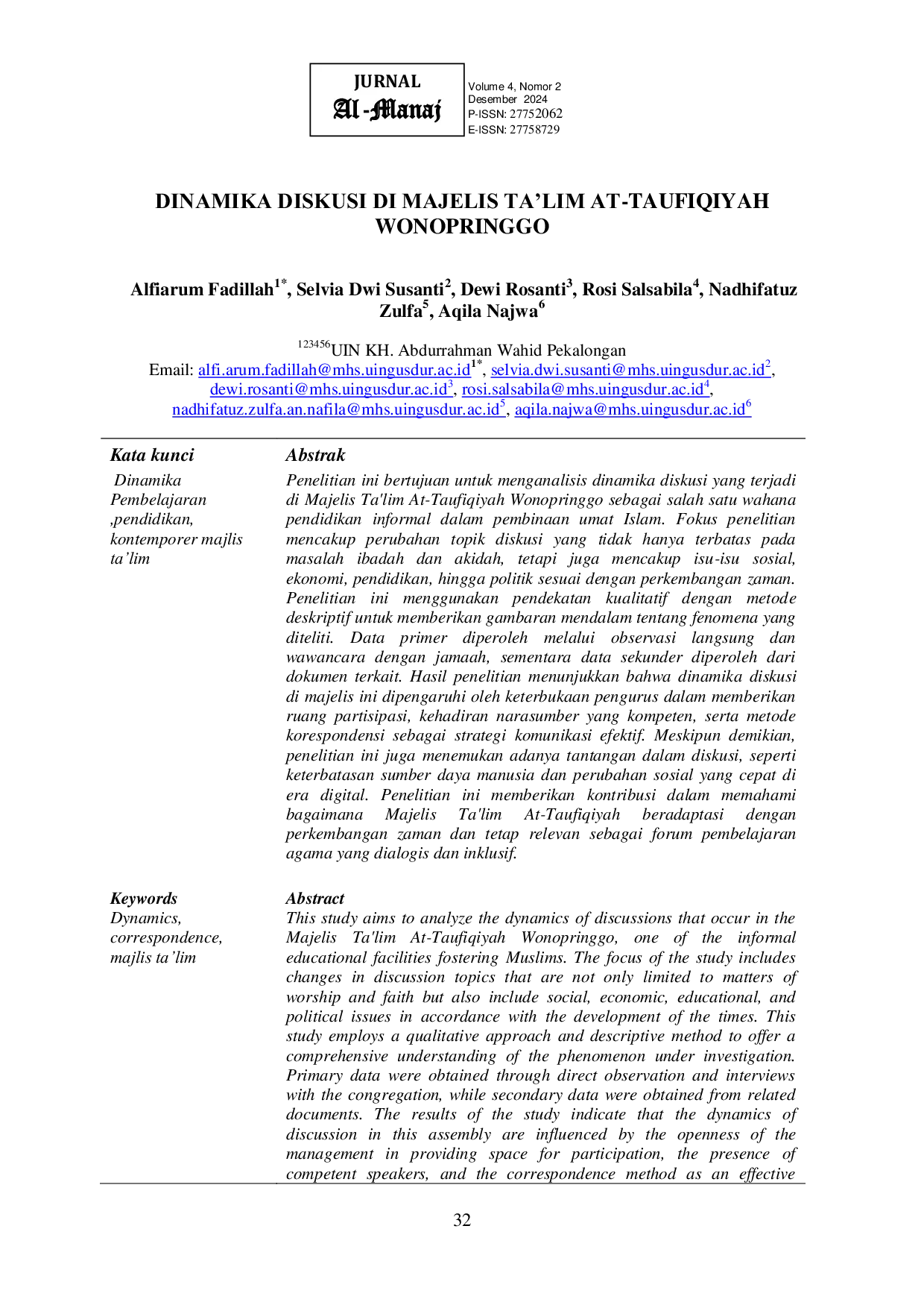 JURIS Dinamika Diskusi Di Majelis Ta lim At Taufiqiyah Wonopringgo