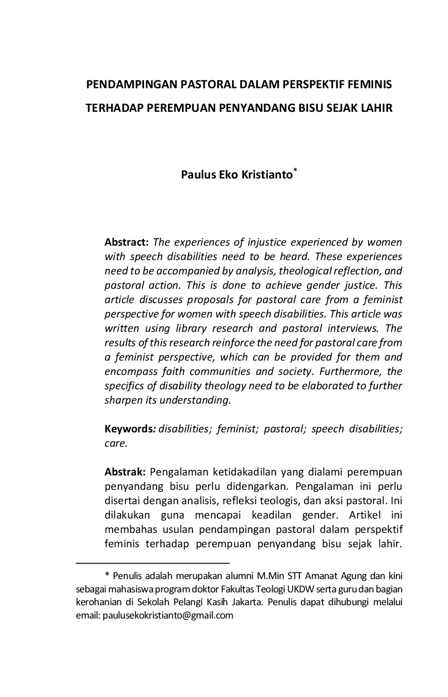 JURIS Pendampingan Pastoral Dalam Perspektif Femininis Terhadap Perempuan Penyandang Bisu Sejak Lahir