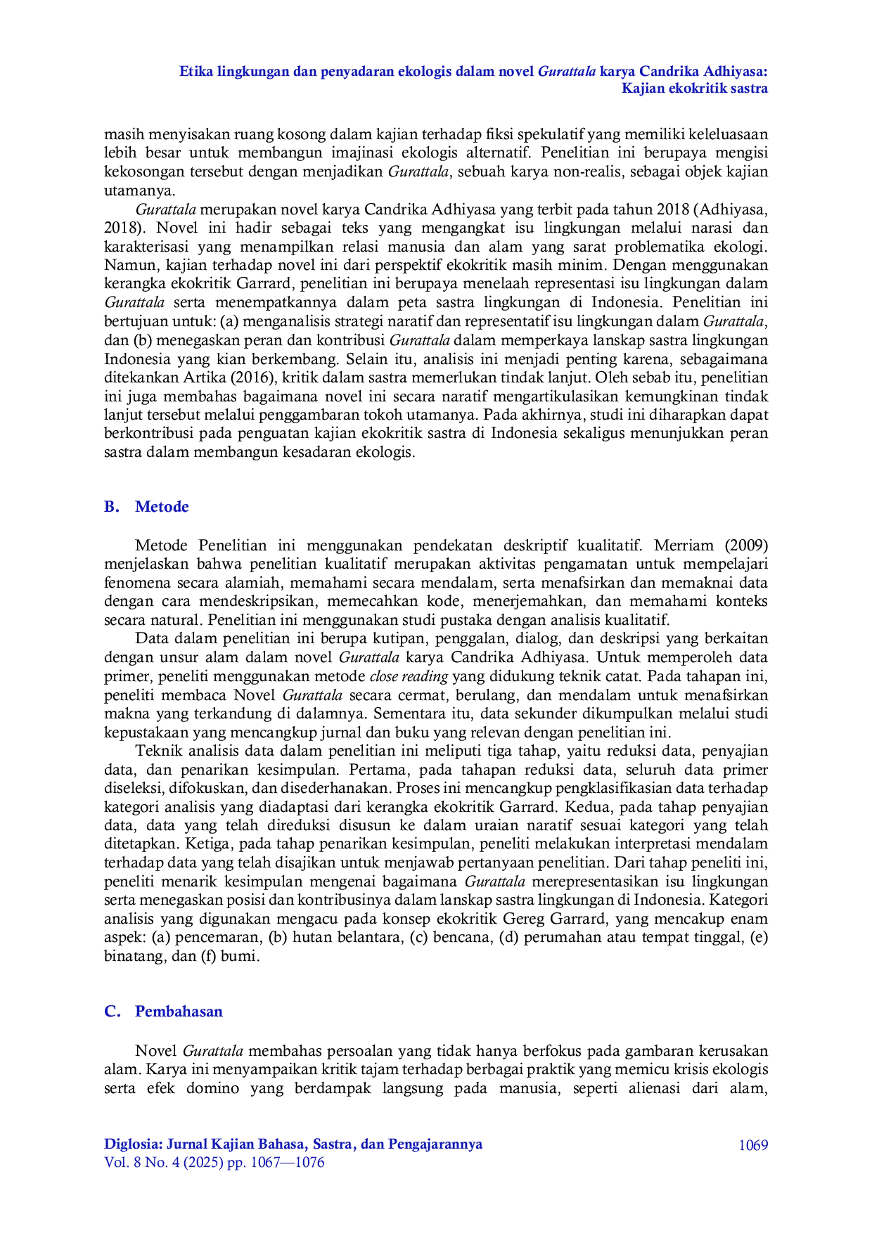 JURIS Etika lingkungan dan penyadaran ekologis dalam novel Gurattala karya Candrika Adhiyasa Kajian ekokritik sastra