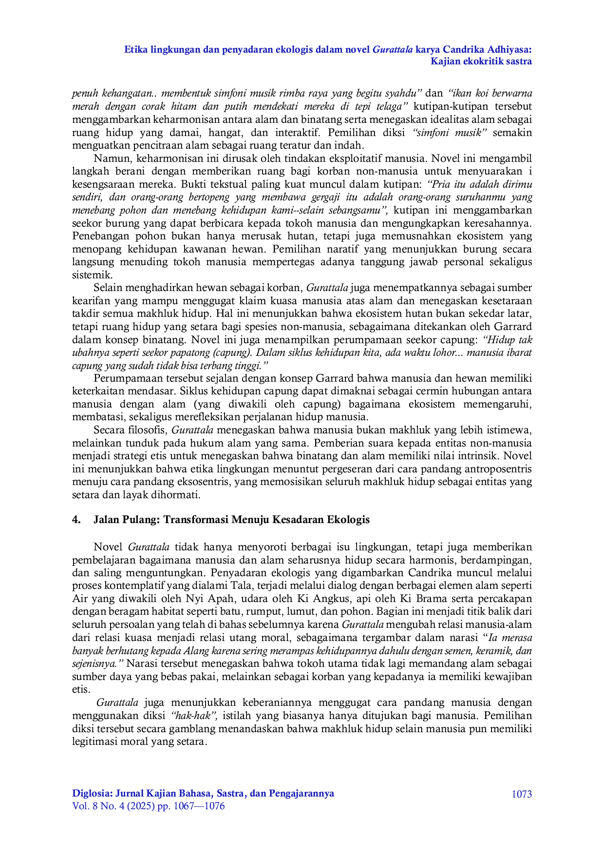 JURIS Etika lingkungan dan penyadaran ekologis dalam novel Gurattala karya Candrika Adhiyasa Kajian ekokritik sastra