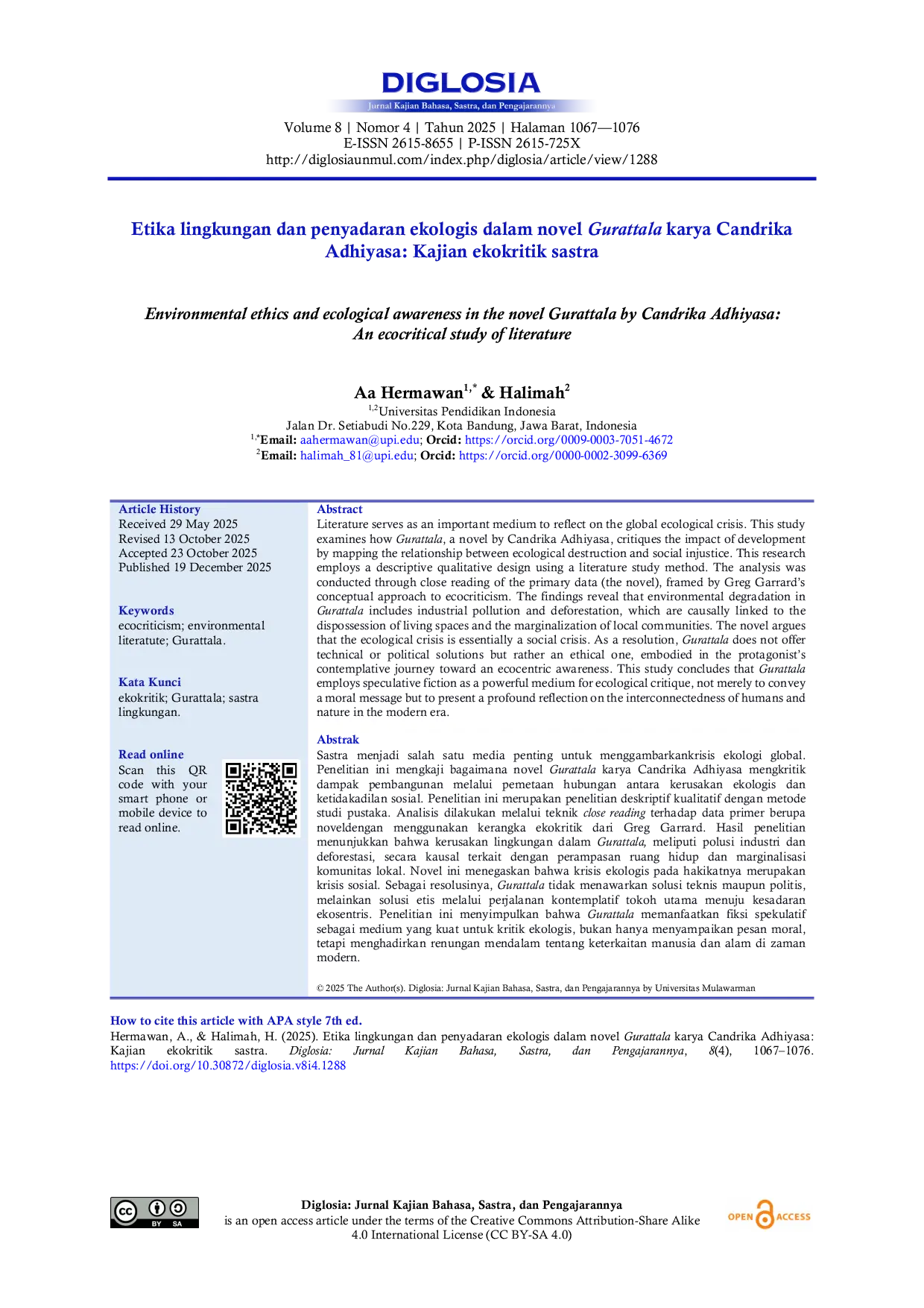 JURIS Etika lingkungan dan penyadaran ekologis dalam novel Gurattala karya Candrika Adhiyasa Kajian ekokritik sastra