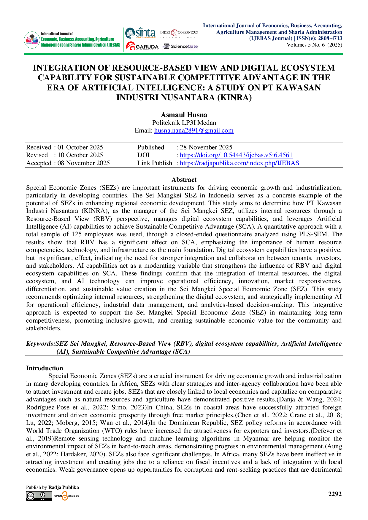 JURIS INTEGRATION OF RESOURCE BASED VIEW AND DIGITAL ECOSYSTEM CAPABILITY FOR SUSTAINABLE COMPETITIVE ADVANTAGE IN THE ERA OF ARTIFICIAL INTELLIGENCE A STUDY ON PT KAWASAN INDUSTRI NUSANTARA KINRA