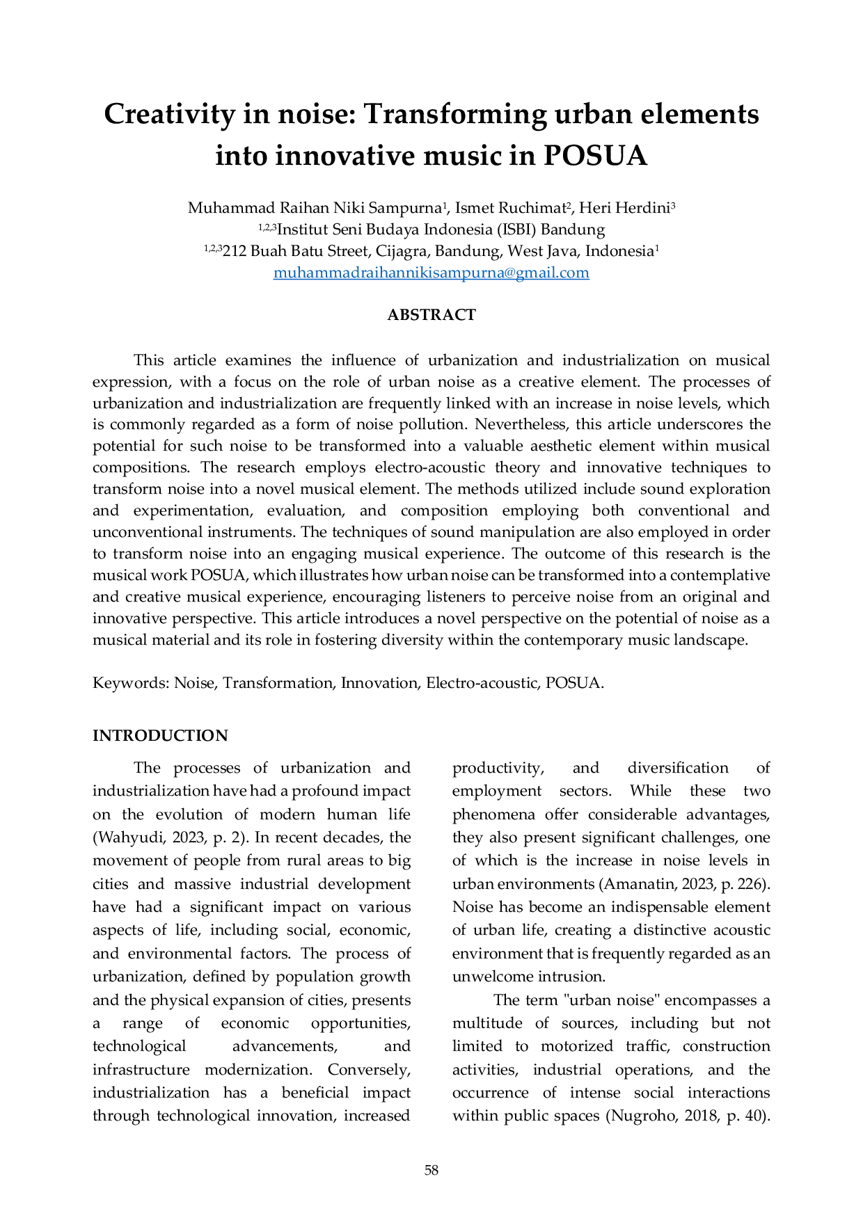 JURIS Creativity in Noise Transforming Urban Elements into Innovative Music in POSUA