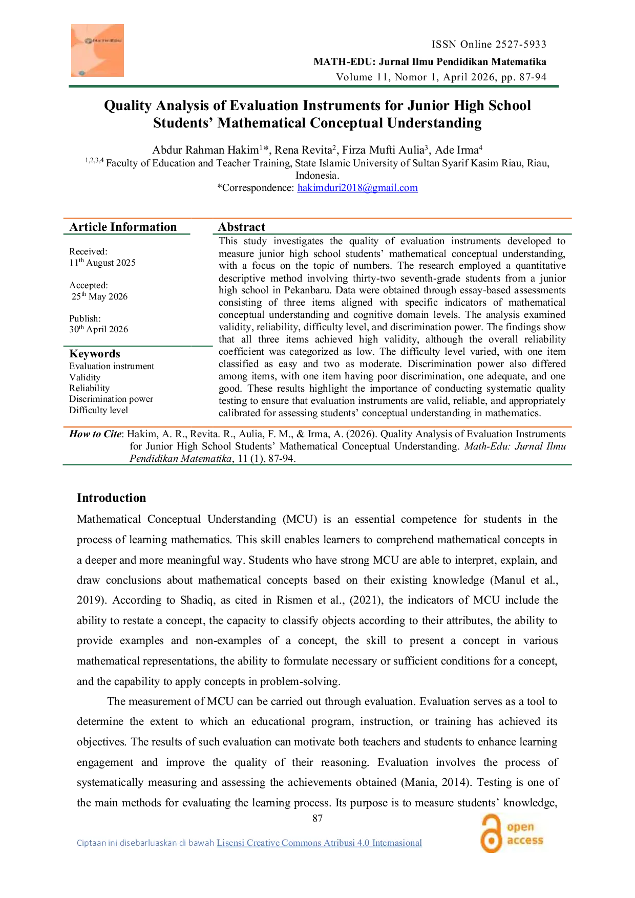JURIS Quality Analysis of Evaluation Instruments for Junior High School Students Mathematical Conceptual Understanding