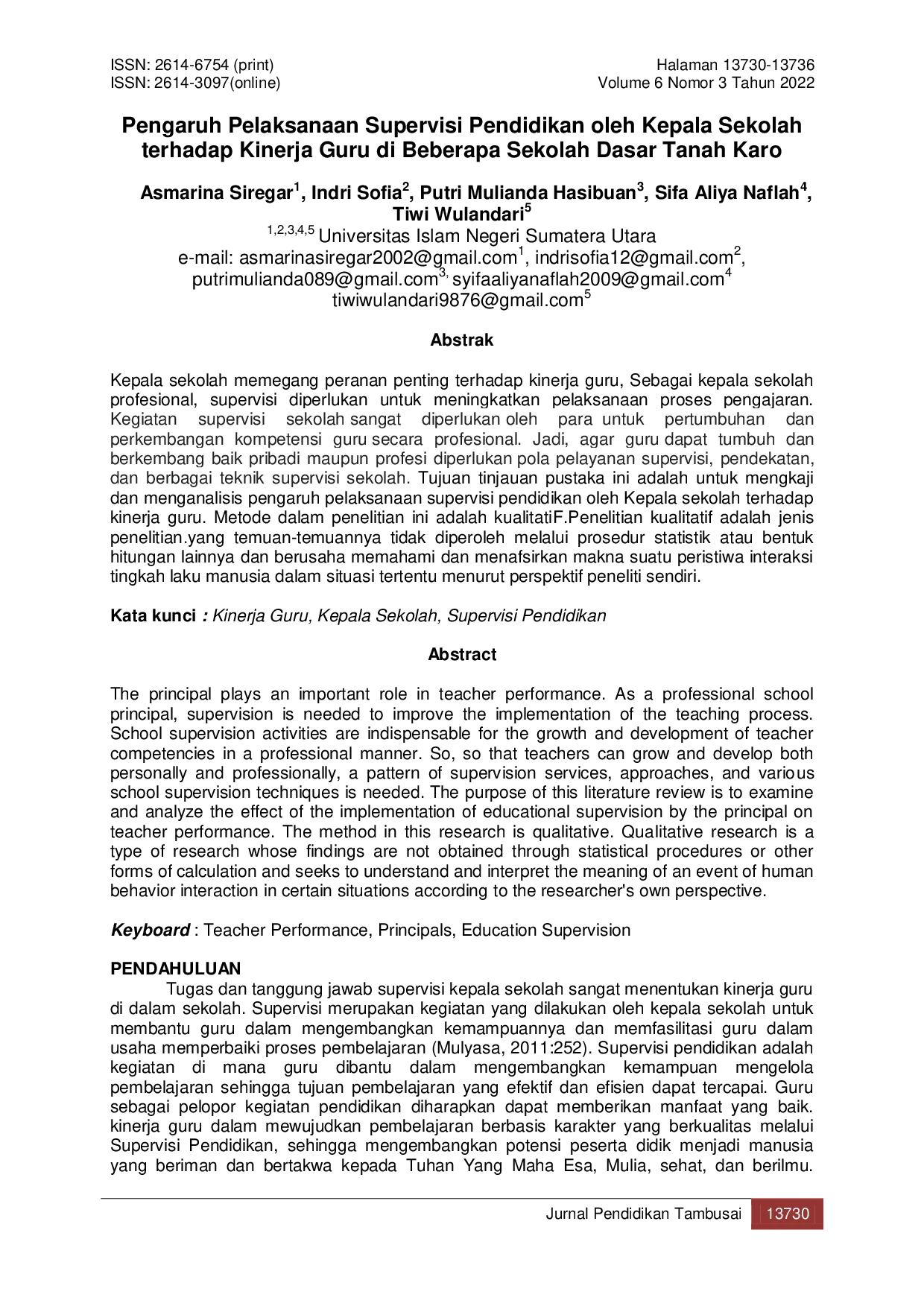 JURIS Pengaruh Pelaksanaan Supervisi Pendidikan oleh Kepala Sekolah terhadap Kinerja Guru di Beberapa Sekolah Dasar Tanah Karo