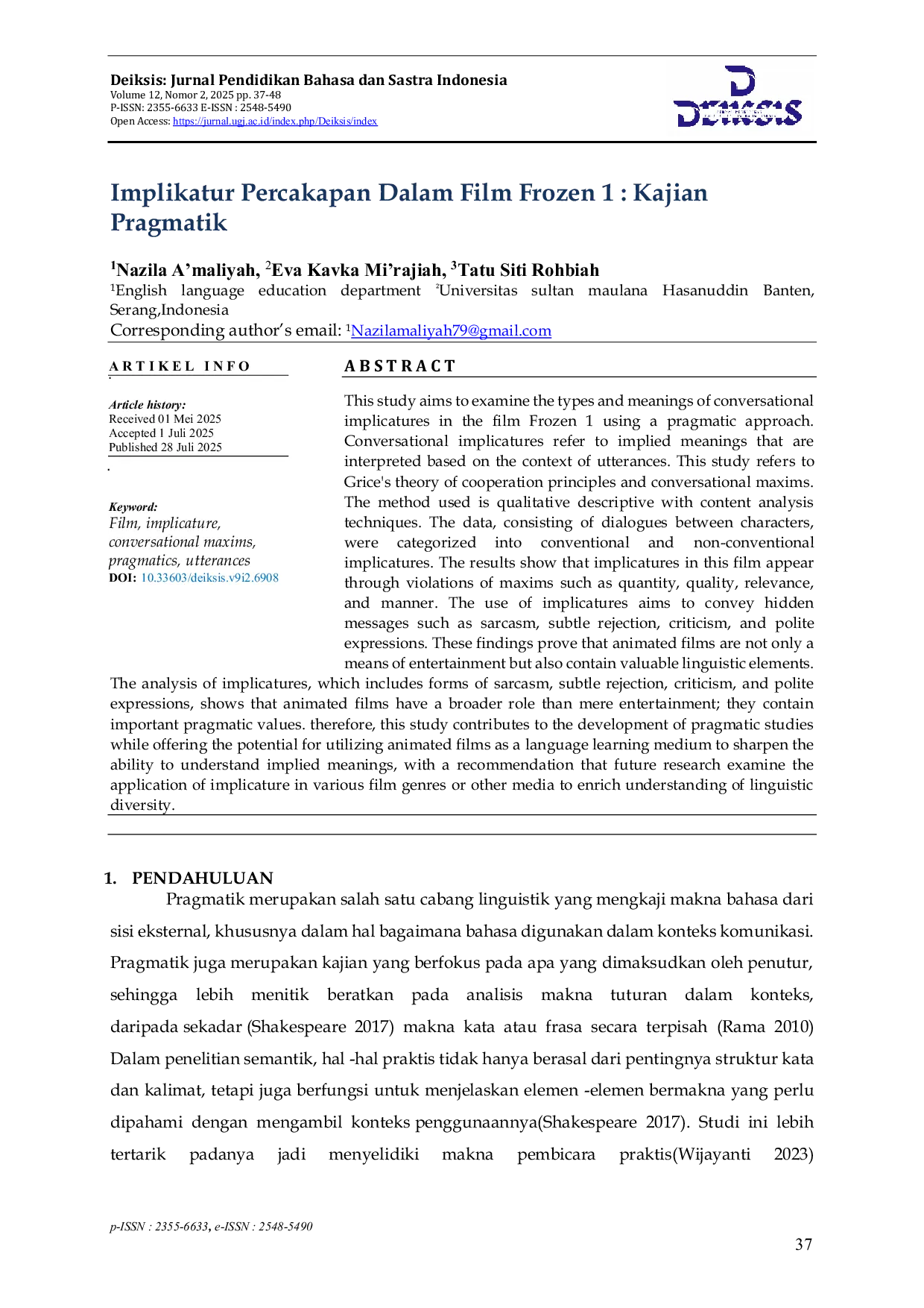 JURIS Conversational Implicature in Frozen 1 A Pragmatic Approach
