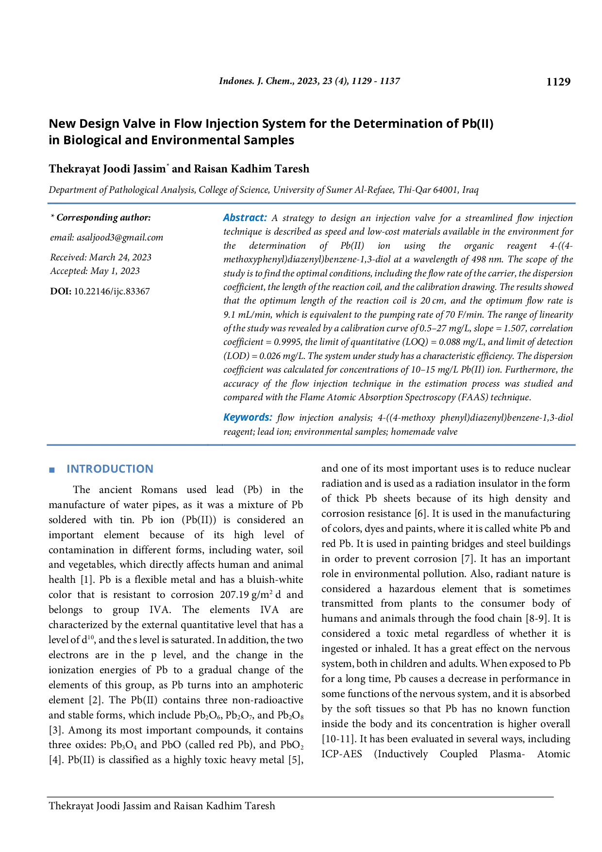 JURIS New Design Valve in Flow Injection System for the Determination of Pb II in Biological and Environmental Samples