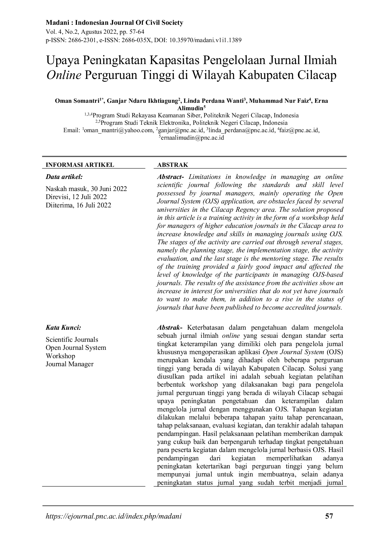 JURIS Upaya Peningkatan Kapasitas Pengelolaan Jurnal Ilmiah Online Perguruan Tinggi di Wilayah Kabupaten Cilacap