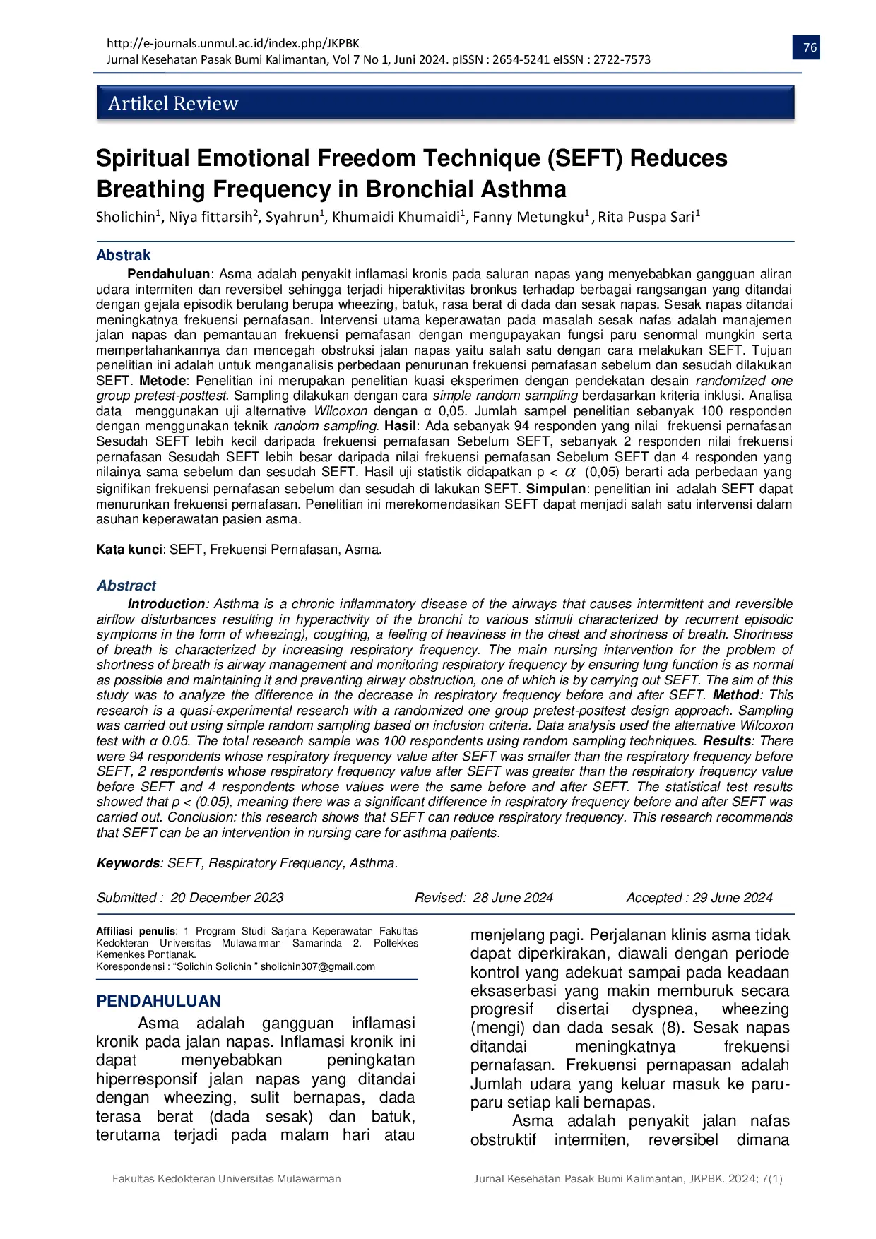 JURIS Spiritual Emotional Freedom Technique SEFT Reduces Breathing Frequency in Bronchial Asthma