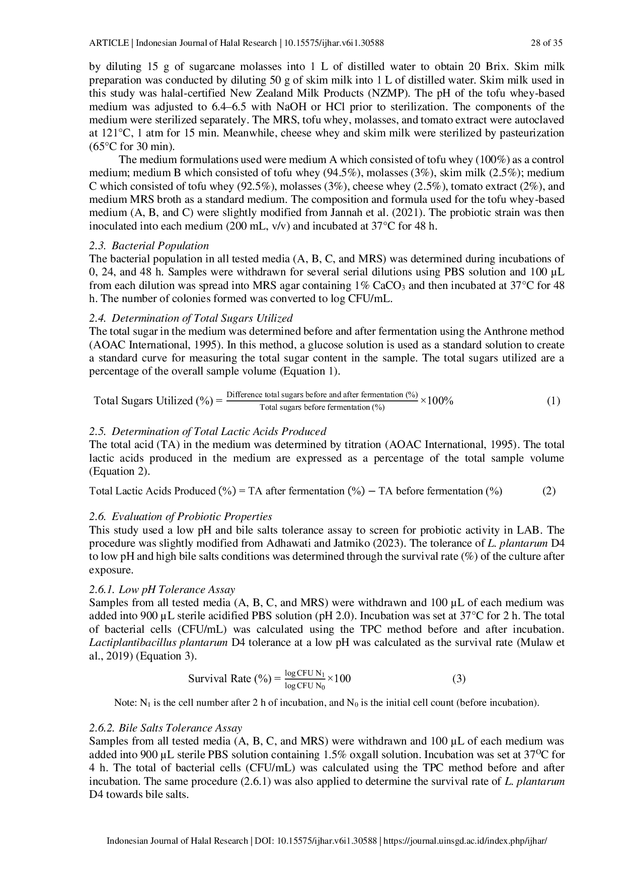 JURIS Tofu Whey Based Media for Probiotic Lactiplantibacillus plantarum D4 as a Halal Starter Culture