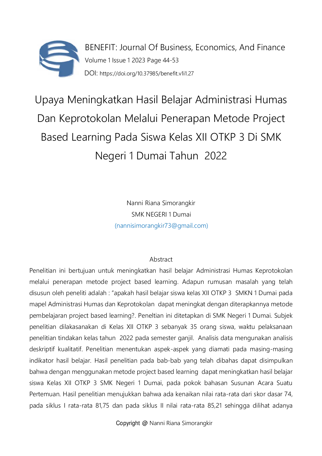 JURIS Upaya Meningkatkan Hasil Belajar Administrasi Humas Dan Keprotokolan Melalui Penerapan Metode Project Based Learning Pada Siswa Kelas XII OTKP 3 Di SMK Negeri 1 Dumai Tahun 2022