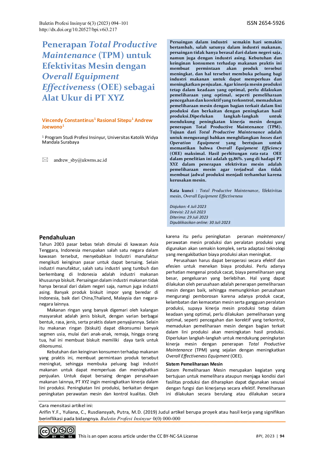 JURIS Penerapan Total Productive Maintenance TPM untuk Efektivitas Mesin dengan Overall Equipment Effectiveness OEE sebagai Alat Ukur di PT XYZ