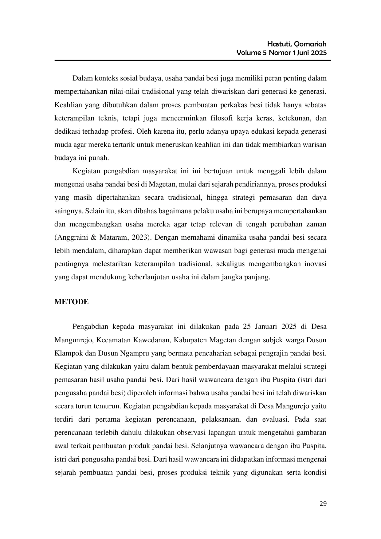 JURIS Pengembangan Usaha Pandai Besi Tradisional Melalui Strategi Pemasaran Digital Di Desa Mangunrejo