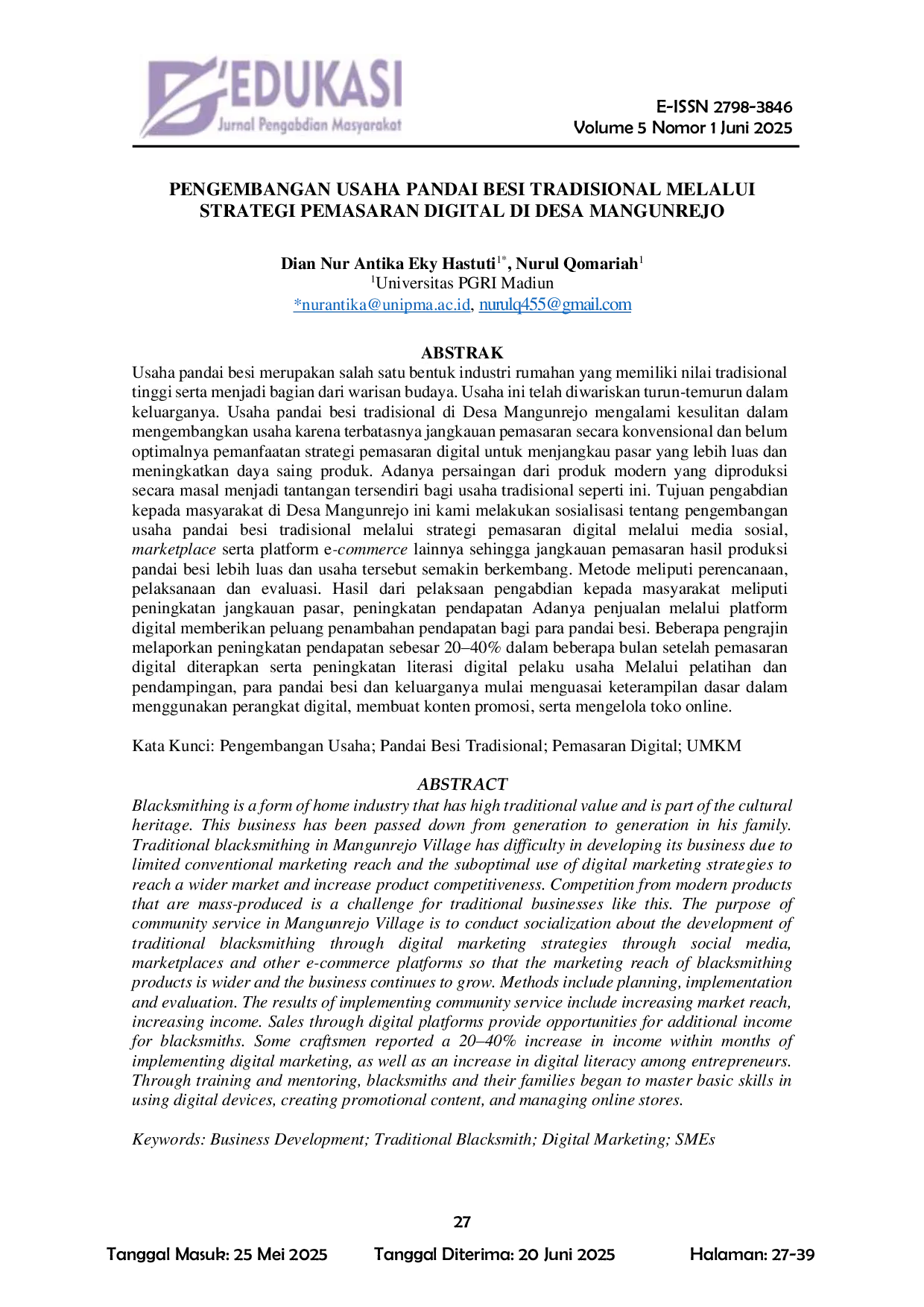 JURIS Pengembangan Usaha Pandai Besi Tradisional Melalui Strategi Pemasaran Digital Di Desa Mangunrejo