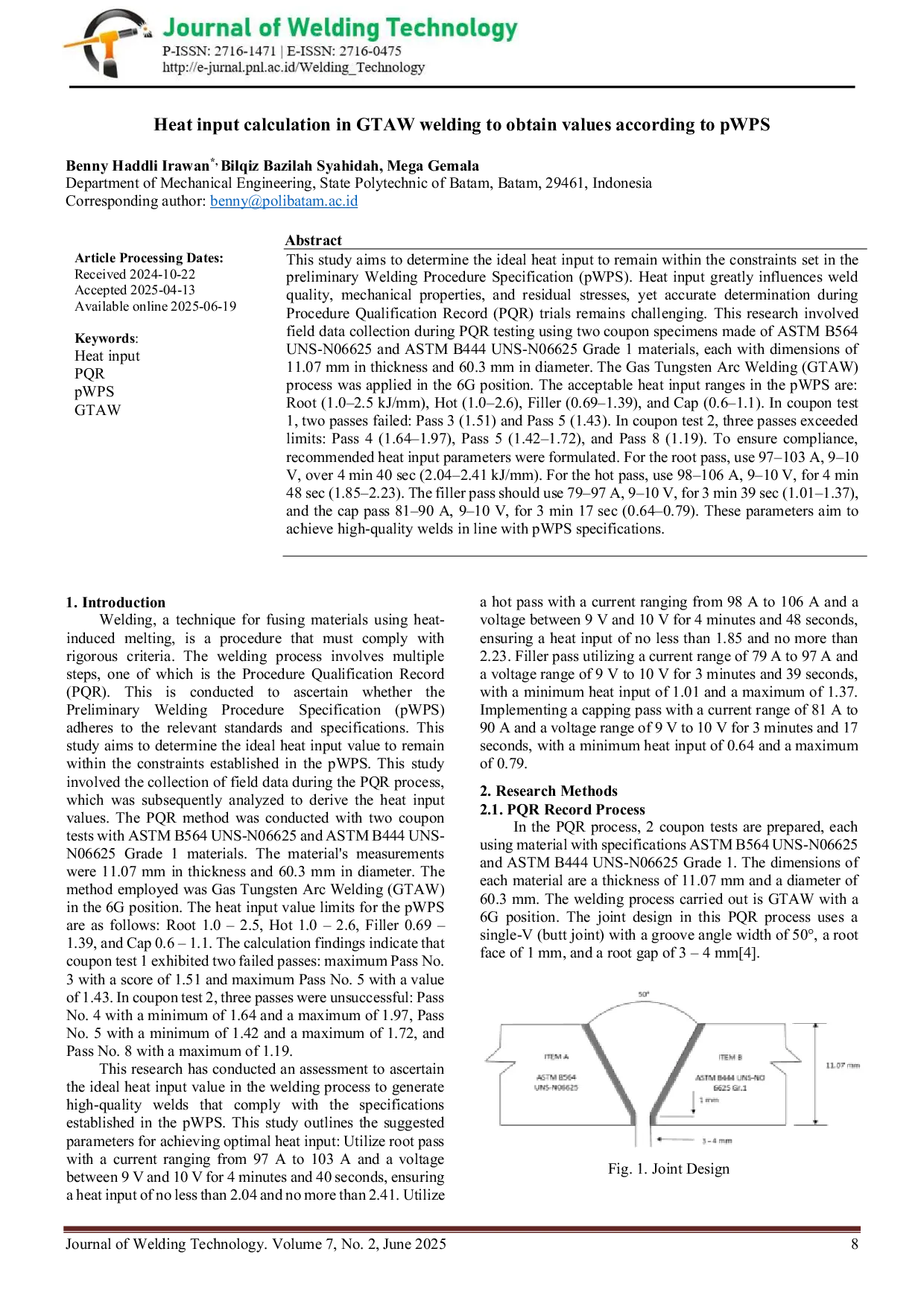 JURIS Heat input calculation in GTAW welding to obtain values according to pWPS