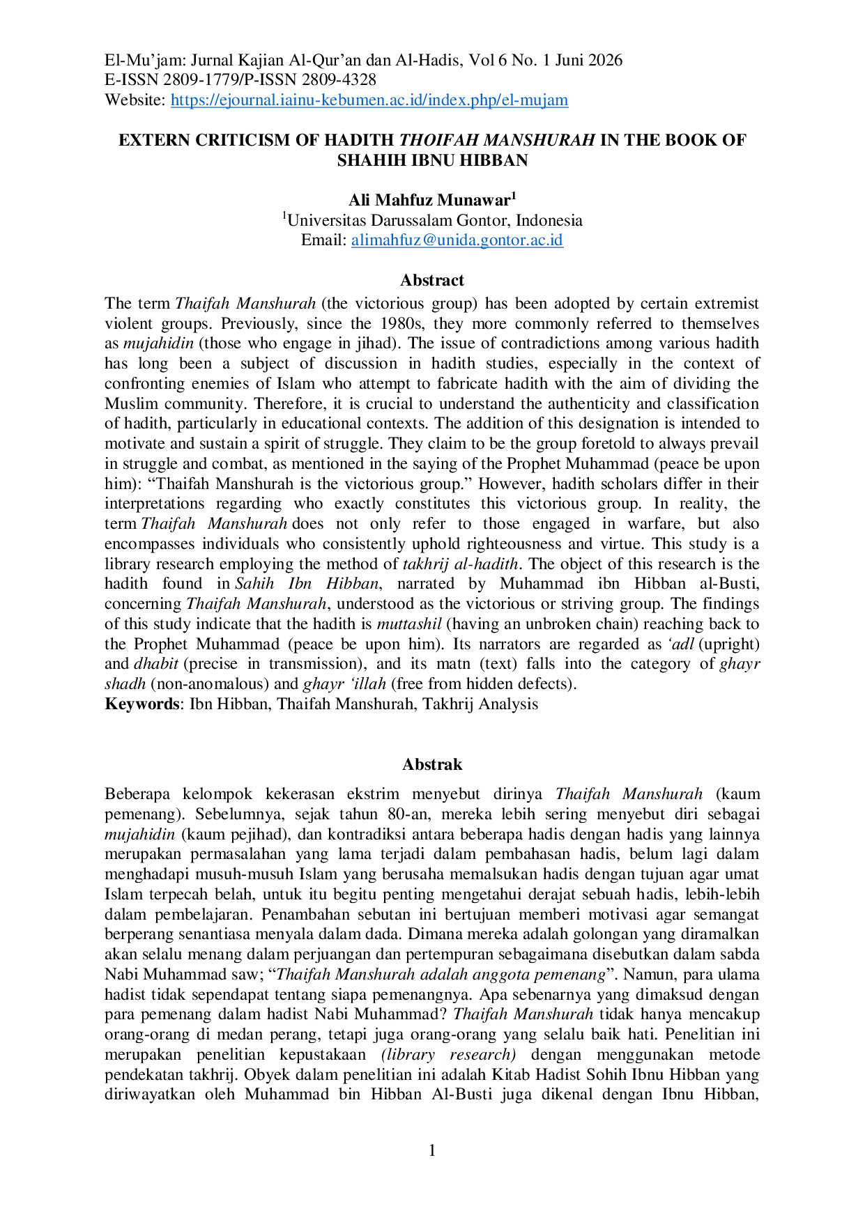 JURIS Extern Criticism Of Hadith Thoifah Manshurah In The Book Of Sahih Ibn Hibban