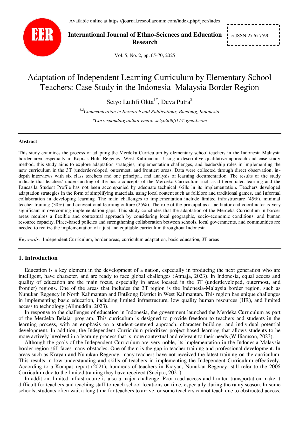 JURIS Adaptation of Independent Learning Curriculum by Elementary School Teachers Case Study in the Indonesia Malaysia Border Region