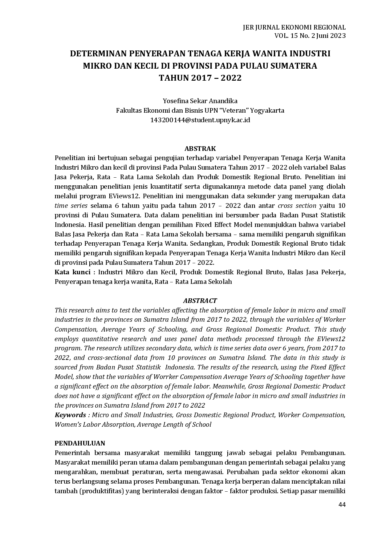 juris Determinan penyerapan tenaga kerja wanita industri mikro dan kecil di provinsi pada pulau sumatera Tahun 2017 2022