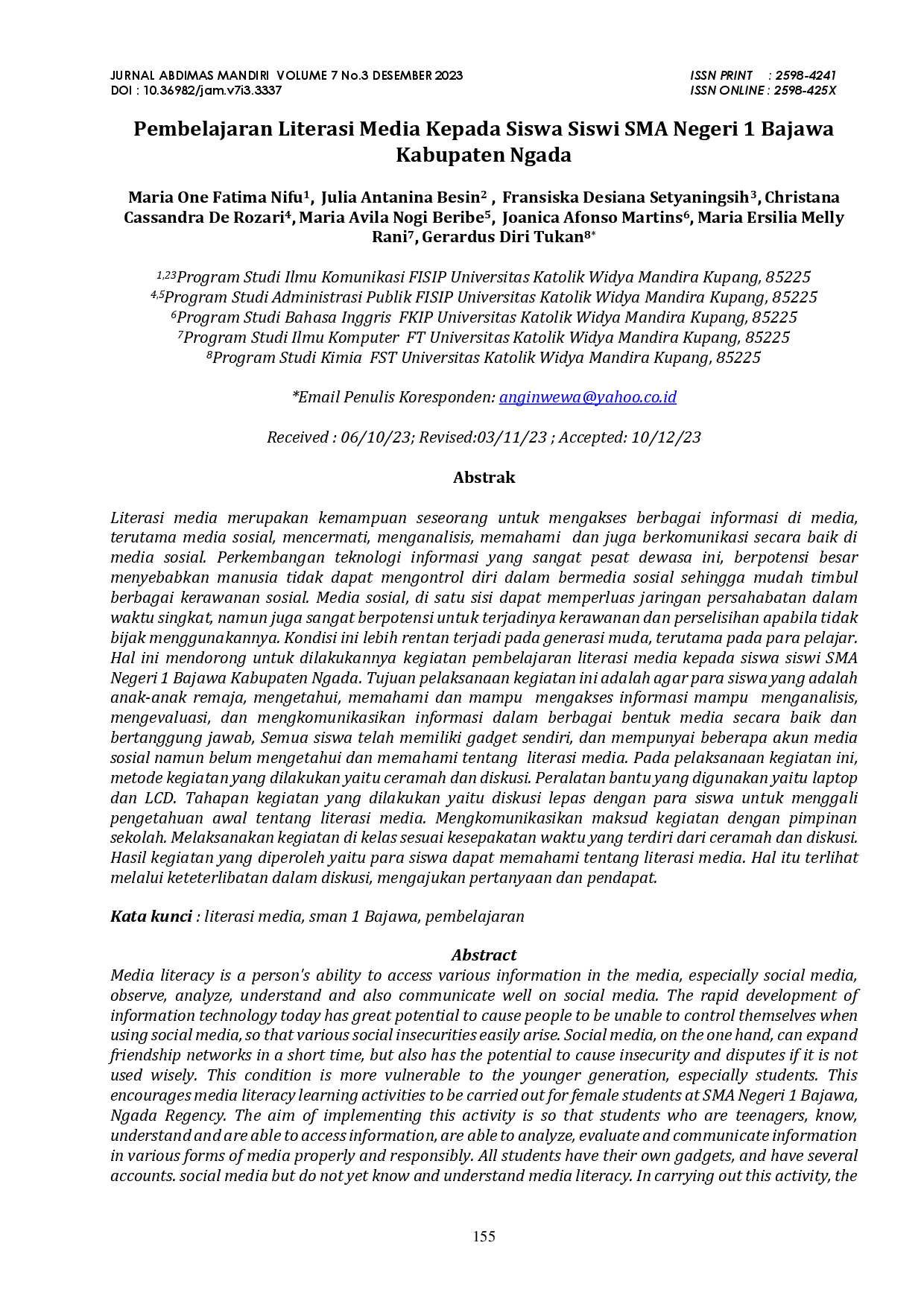 juris Pembelajaran Literasi Media Kepada Siswa Siswi SMA Negeri 1 Bajawa Kabupaten Ngada
