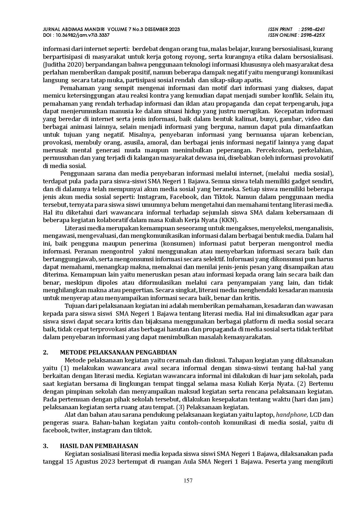 juris Pembelajaran Literasi Media Kepada Siswa Siswi SMA Negeri 1 Bajawa Kabupaten Ngada